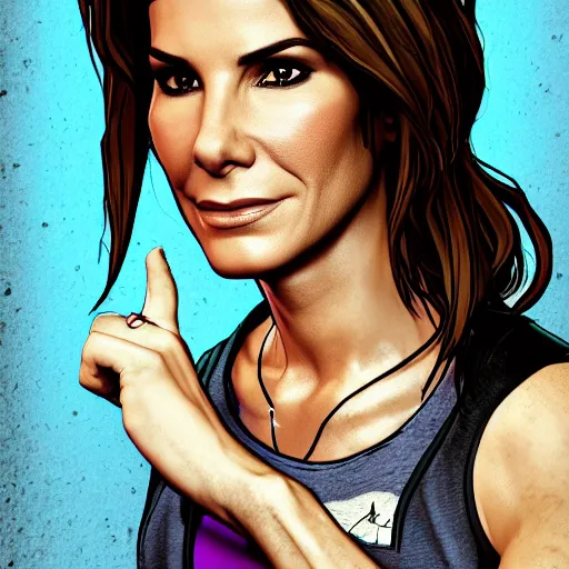 Image similar to sandra bullock portrait, borderlands, tales from the borderlands, the wolf among us, comic, cinematic lighting, studio quality, 8 k