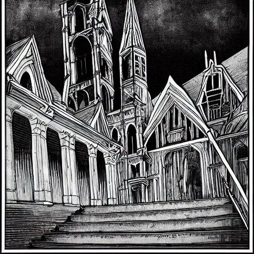 Prompt: black and white illustration of a dark haunted demonic cathedral
