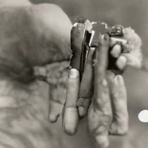 Image similar to Close-up of highly detailed hand holding cigarette with smoke, vintage photo,