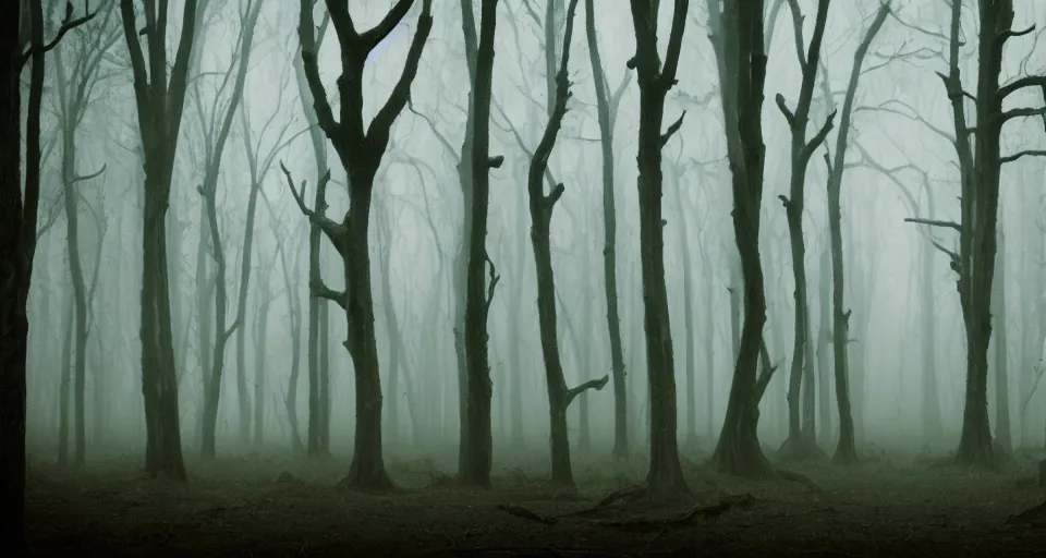 Image similar to an extremely detailed cinematic movie shot of a creepy foggy forest with twisted trees, in the style of tim burton