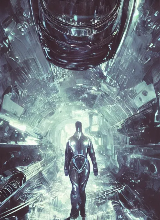 Image similar to astronauts in dark void underwater - complex and hyperdetailed technical suit. reflection and dispersion materials. rays and dispersion of light. volumetric light. f / 3 2. noise film photo. flash photography. ultra realistic, wide angle. poster by wayne barlowe, hajime sorayama aaron horkey, craig mullins