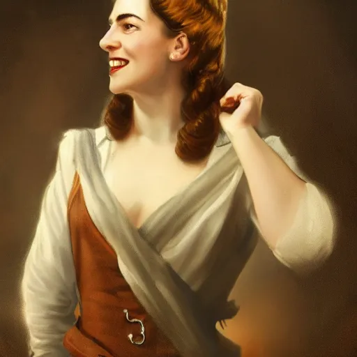 Image similar to smiling, beautiful, intelligent female pirate captain 3 5 years old, 1 9 4 0 s haircut, fully clothed, wise, beautiful, 1 7 5 0 s oil painting, dramatic lighting, trending on artstation, sharp focus
