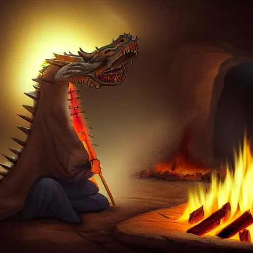 Image similar to A Taoist sitting by a fire in a cave conjuring a smoke dragon, soft colours with a dramatic lighting,