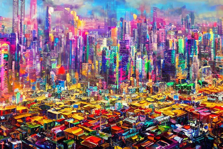 Image similar to 4 k hyper realistic oil painting of 2 0 0 0 s city at amn electronic music festival, rave, huge stage booming hard techno music, detailed painting in the style of walter douglas