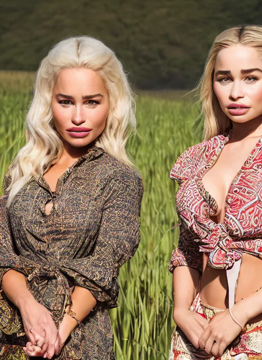 Image similar to portrait of lindsey pelas and emilia clarke wearing tied batik shirt in a paddy field, by charlotte grimm, studio light, detailed face, canon eos c 3 0 0, ƒ 1. 8, 3 5 mm, 8 k, medium - format print, half body shot