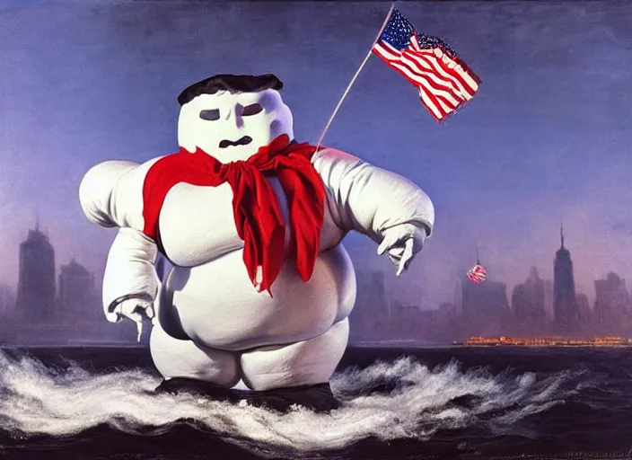 Image similar to donald trump dressed as the stay puft marshmallow man, destroying new york, matte painting, by isaac levitan and asher brown durand,