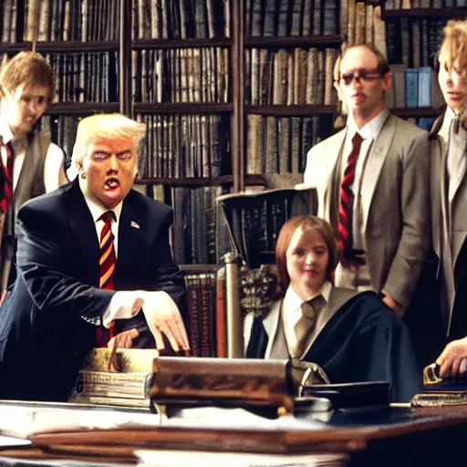 Prompt: a low angle film still of donald trump as a professor in harry potter