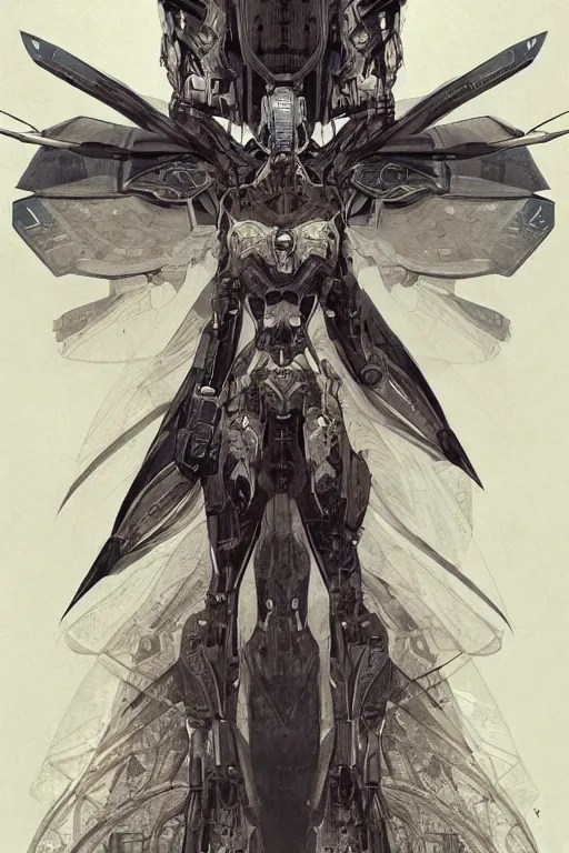 Prompt: very symmetrical!! full body illustrations of mecha, pen and ink, moderately detailed, by james gurney, by greg rutkowski, concept art, insect witch woman, moth wing, butterfly spread wing, artstation, deviantart, pinterest, unreal engine