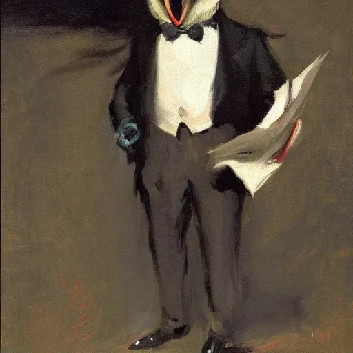 Image similar to painting of evil owl wearing a suit, John Singer Sargent style