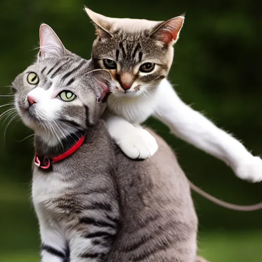 Prompt: a cat riding on a dog's back, hd photograph.