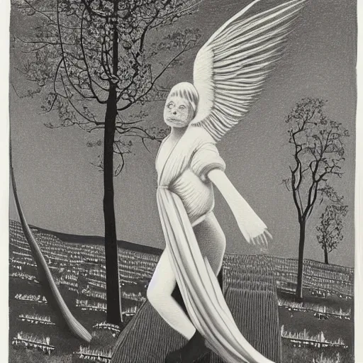Image similar to aesthetically pleasing image of the whitewinged angel of death wearing a crimson and black robe descending on the innocent in their graves cindy sherman eric ravilious