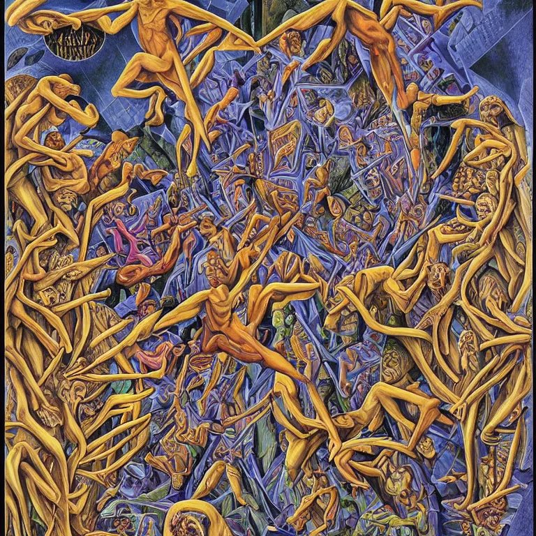 Image similar to transformation through death by Alex Grey and M. C. Escher collaboration