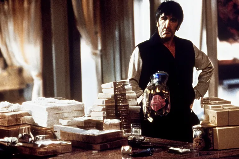 Image similar to tony montana from movie scarface 1 9 8 3 sitting at a big black oak table with big packages of flour. next to the night window. ( al pacino ). perfect symmetric face, coherent eyes,, fine details, 4 k, ron cobb, cinestill