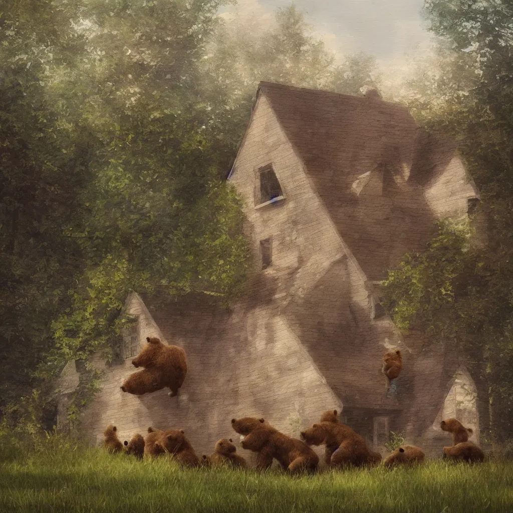 Prompt: cottage with three humanoid bear cubs in front, aesthetic, oil painting, pale colors, high detail, 8 k, wide angle, trending on artstation,