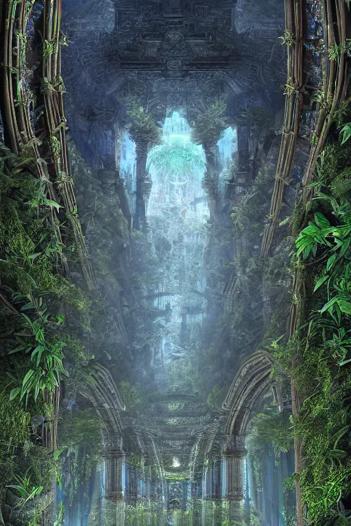 Image similar to ancient fractal temple megastructure in the hanging gardens of a radiant cathedral, overgrown garden,, scanned earth terrain bridges, erosion algorithm landscape, by albert bierdstat, by glenn small, high fantasy, high resolution, photorealism, populated by luminous beings, god rays in volumes of fog, looking up perspective