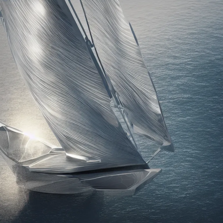 Image similar to octane render portrait by wayne barlow and carlo crivelli and glenn fabry, a futuristic sailboat with sails made out of shiny reflective iridescent aluminum foil, windy sea swells, sea foam, ultra - detailed, ray traced lighting, very short depth of field, bokeh