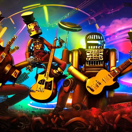 Image similar to album art, robos rock, rockband with 3 steampunk robots playing guitar and drums, r. o. b. o. s. r. o. c. k., 8 k, flourescent colors, halluzinogenic, multicolored, exaggerated detailed, front shot, 3 d render, octane