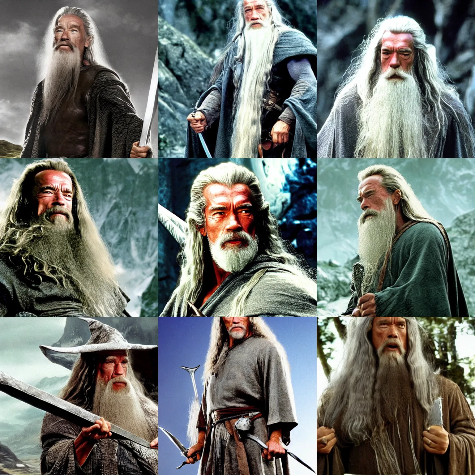 Prompt: arnold schwarzenegger as gandalf in lord of the rings