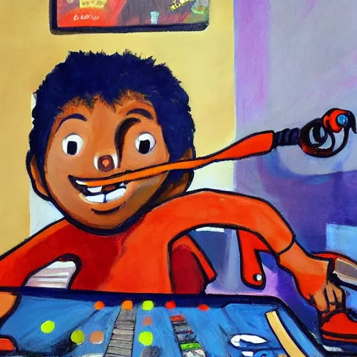 Prompt: a painting of a kid accidentally stepping on a cable and ruining a video game match in his living room high details