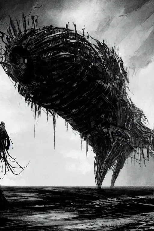 Prompt: in the black storm, a giant colossus, on a darkling plain, drawn by christan delort and jean gireaud, graphic black and white, low camera, wide angle, centered composition, golden ratio