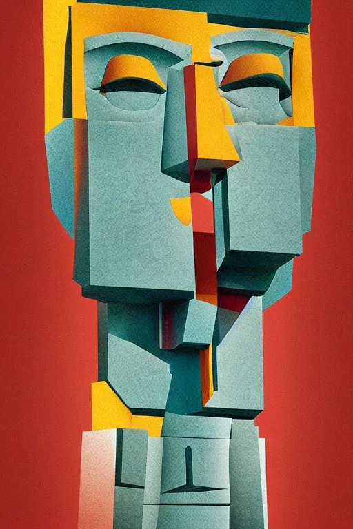 Image similar to cubist moai statue cutout digital illustration cartoon colorful beeple