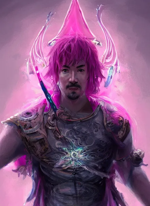 Prompt: close-up of character concept portrait of JOJI as a pink guy wizard conjuring a violent void multiversal spell, a floating iridescent blade sword of chaos from God of War in the center, intricate, elegant, digital painting, concept art, smooth, sharp focus, illustration, from Metal Gear, by Ruan Jia and Mandy Jurgens and William-Adolphe Bouguereau, Artgerm