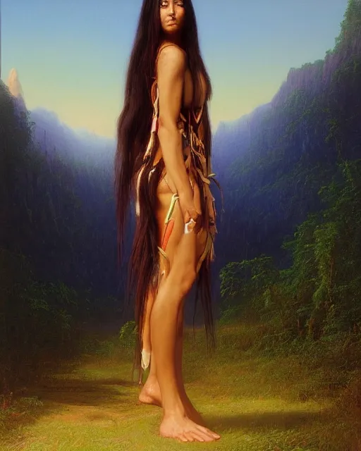 Image similar to beautiful female American Indian, long flowing hair, standing in a fantasy environment, realistic oil painting by Thomas Cole and Wayne Barlowe