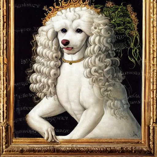 Prompt: portrait of a white poodle with curly white fur and curly white hair as an italian queen, painting by botticelli, 1 4 8 0 s