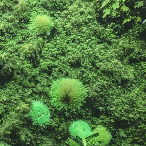 Image similar to ginormous single celled slime amoeba in a dense jungle made of giant trees and dense foliage