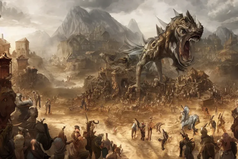 Image similar to a chimera being praised by a horde of people in a village, digital painting, mixed media, trending on artstation and deviantart, epic composition, highly detailed, 8 k