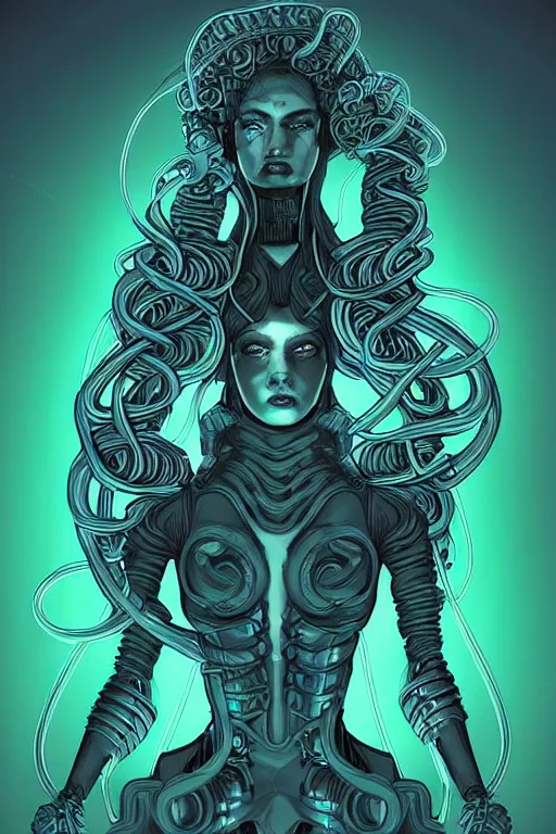 Image similar to A cinematic surreal smooth matte digital art illustration in the style of a sci-fi RPG comic book cover of a perfectly-centered hyperdetailed symmetrical portrait of a cyberpunk fierce Medusa in a long cosmic lovecraftian dress. Her hair is made of large ravepunk snakes. She's next to otherworldly towers in a sci-fi bionic landscape, 3D rim light, masterpiece, Gsociety, artstation