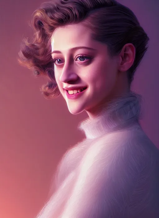 Image similar to portrait of lili reinhart with fluffy bangs, smiling kindly, bangs, 1 9 6 0 s, ponytail, curly bangs and ponytail, intricate, elegant, glowing lights, highly detailed, digital painting, artstation, concept art, smooth, sharp focus, illustration, art by wlop, mars ravelo and greg rutkowski