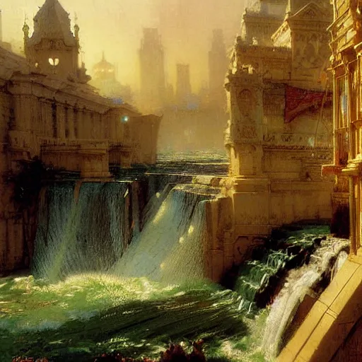 Image similar to waterfall flooding an entire city. victorian age. highly detailed painting by gaston bussiere, craig mullins, j. c. leyendecker