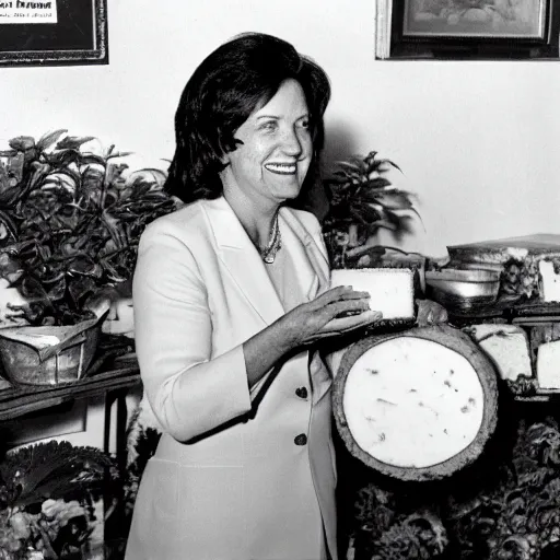 Prompt: congresswoman marjorie taylor greene eating a large wheel of cheese,