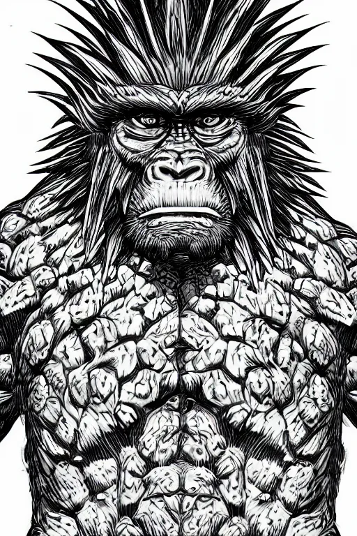 Image similar to pineapple ape humanoid figure monster, symmetrical, highly detailed, digital art, sharp focus, trending on art station, kentaro miura manga art style