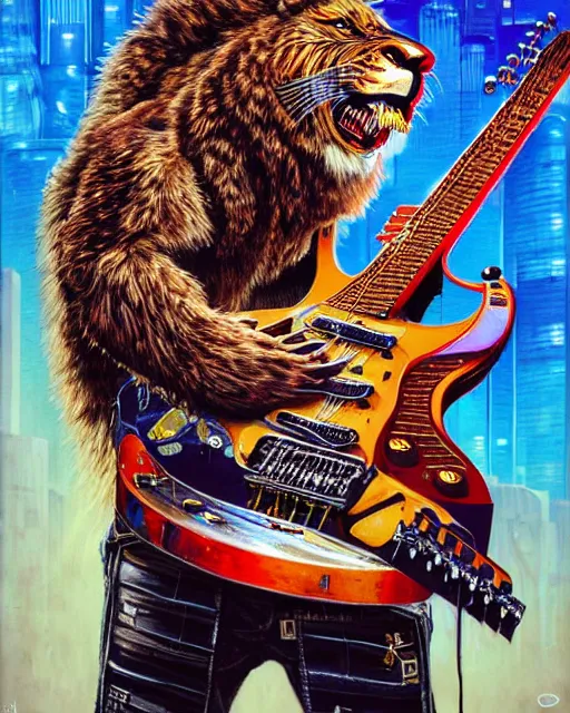 Image similar to a portrait of an anthropomorphic cyberpunk roaring lion shredding an electric guitar as the guitar melts by sandra chevrier, by jon foster, detailed render, tape deck, epic composition, cybernetics, 4 k realistic, cryengine, realistic shaded lighting, sharp focus, masterpiece, by enki bilal