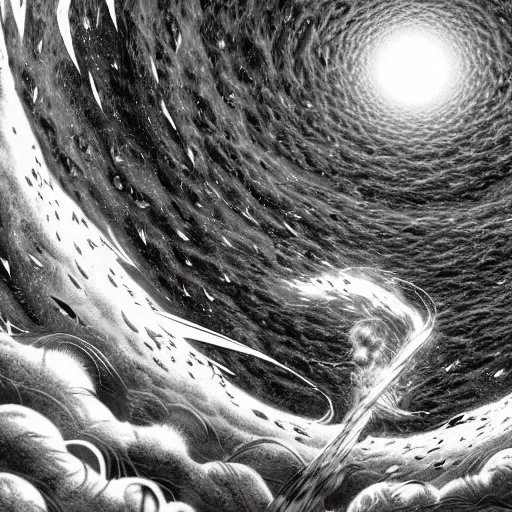 Prompt: astral explosion in the style of kentaro miura, 4 k, 8 k, absolute detailing of even the smallest details and particles, beautiful shadows, beautiful art, black and white drawing, high rendering of the details of the environment, faces and characters