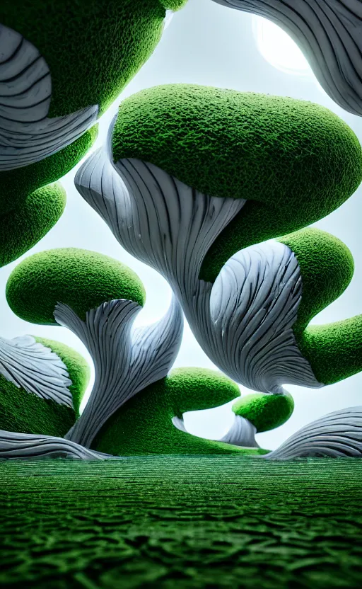 Image similar to highly detailed ultra sharp 3 d render cinematic composition of a smooth ceramic porcelain magnolia stone white fluid fractal sci - fi surreal architecture landscape, marble, magnesium, vining foliage blooms, archviz, vincent callebaut composition, mamou - mani, beautiful lighting, 8 k, unreal engine, hdr, dof