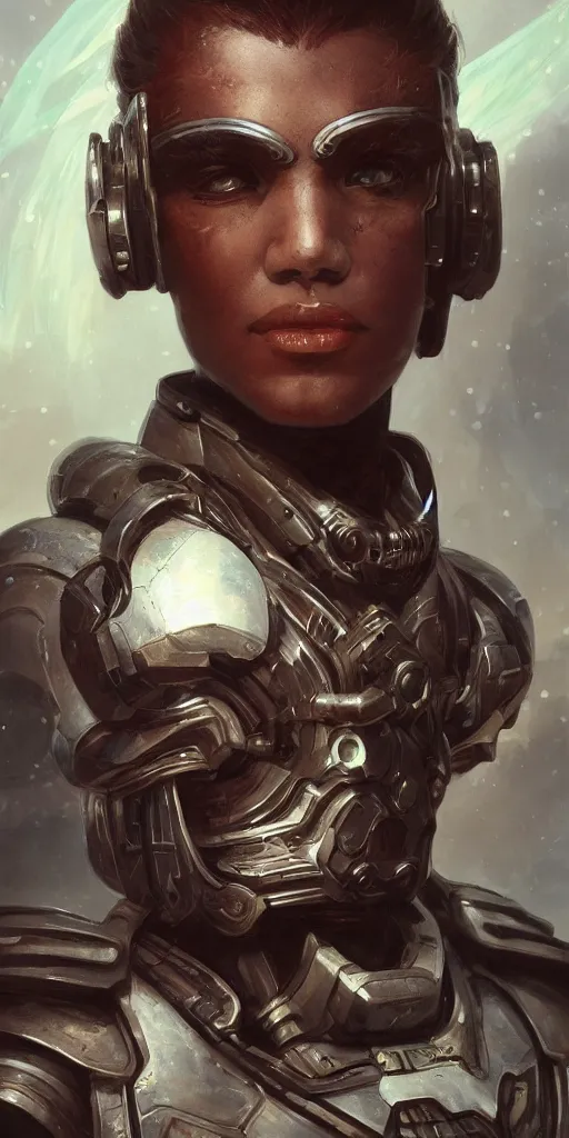 Image similar to scifi character portrait Painting of a futuristic captain from, warhammer , dystopian mood, intricate, wild, highly detailed, digital painting, artstation, concept art, smooth, sharp focus, illustration, art by artgerm and greg rutkowski, and alphonse mucha