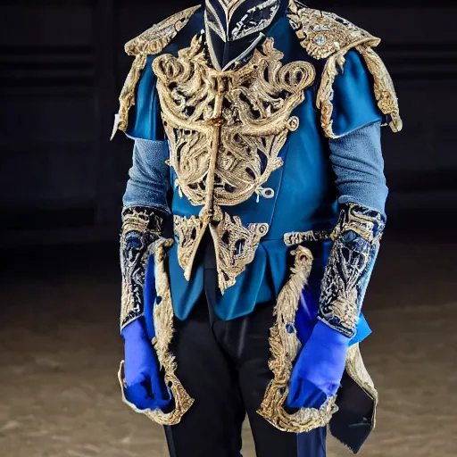 Image similar to medium face shot of adult Austin Butler dressed in futuristic-baroque prussian blue duelist-garb with Griffin-Ram embroidery emblem, and nanocarbon-vest and greaves, standing in an arena in Dune 2020, XF IQ4, f/1.4, ISO 200, 1/160s, 8K, face in-frame