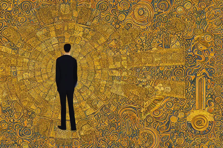 Image similar to man standing inside his own dreams by lina iris viktor, japanese golden decorations, 2 d flat digital illustration, opulent mosaics 4 k