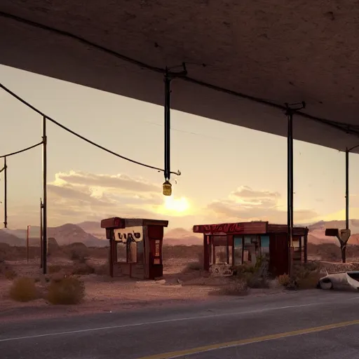 Image similar to abandoned diner in the desert by jon mccoy, sunset, cinematic, cinematic lighting, photorealistic, hyperdetailed 3 d matte painting, iridescent, deviantart, trending on artstation, concept art