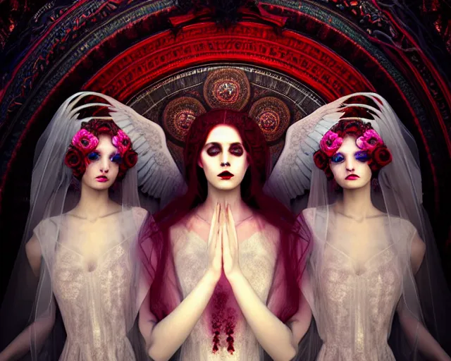 Image similar to three stunning otherworldly gothic goddesses with beautiful angelic faces, wearing psychedelic wicca, in wedding dresses, red neon roses, full body, dark and mysterious, atmospheric, ominous, eerie, cinematic light, epic, 8 k 3 d, ultra detail, ultra realistic, by wlop, by mucha