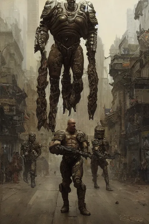 Image similar to soldiers on city street accompany martyn ford as a huge bipedal martian with bulbous torso wearing armour, painted by ruan jia, raymond swanland, lawrence alma tadema, zdzislaw beksinski, norman rockwell, jack kirby, tom lovell, alex malveda, greg staples