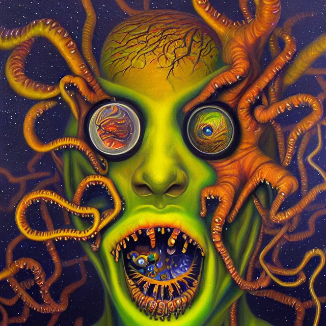 Image similar to an oil on canvas portrait painting of an acid trip, polycount, surrealism, surrealist, lovecraftian, cosmic horror, high detail