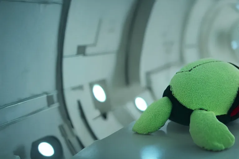 Image similar to cute turtle plushie in cyberspace, in 2 0 5 5, y 2 k cybercore, industrial low - light photography, still from a ridley scott movie