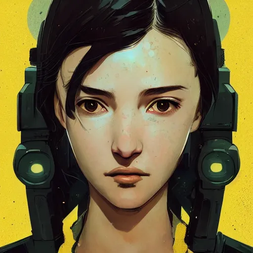 Prompt: Highly detailed portrait of a cyberpunk young lady with, freckles and wavy hair by Atey Ghailan, by Loish, by Bryan Lee O'Malley, by Cliff Chiang, by Greg Rutkowski, inspired by image comics, inspired by graphic novel cover art, inspired by nier!! Gradient gold color scheme ((grafitti tag brick wall background)), trending on artstation