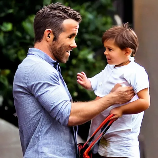 Prompt: cinematic shot of Ryan Reynolds with a baby head