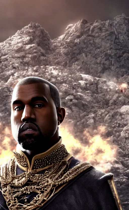 Image similar to Portrait of Kanye West as Emperor Napoleon in Skyrim, splash art, movie still, cinematic lighting, dramatic, octane render, long lens, shallow depth of field, bokeh, anamorphic lens flare, 8k, hyper detailed, 35mm film grain