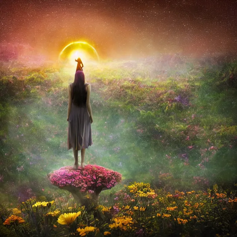 Image similar to a planet of various flowers, fungus and plants, in which the singular human figure is dressed in something magical and impressive, inside the picture is infinity, sunset light, Atmospheric phenomenon, artistic photography, muted colors, conceptual, long exposure outside the city, volumetric light